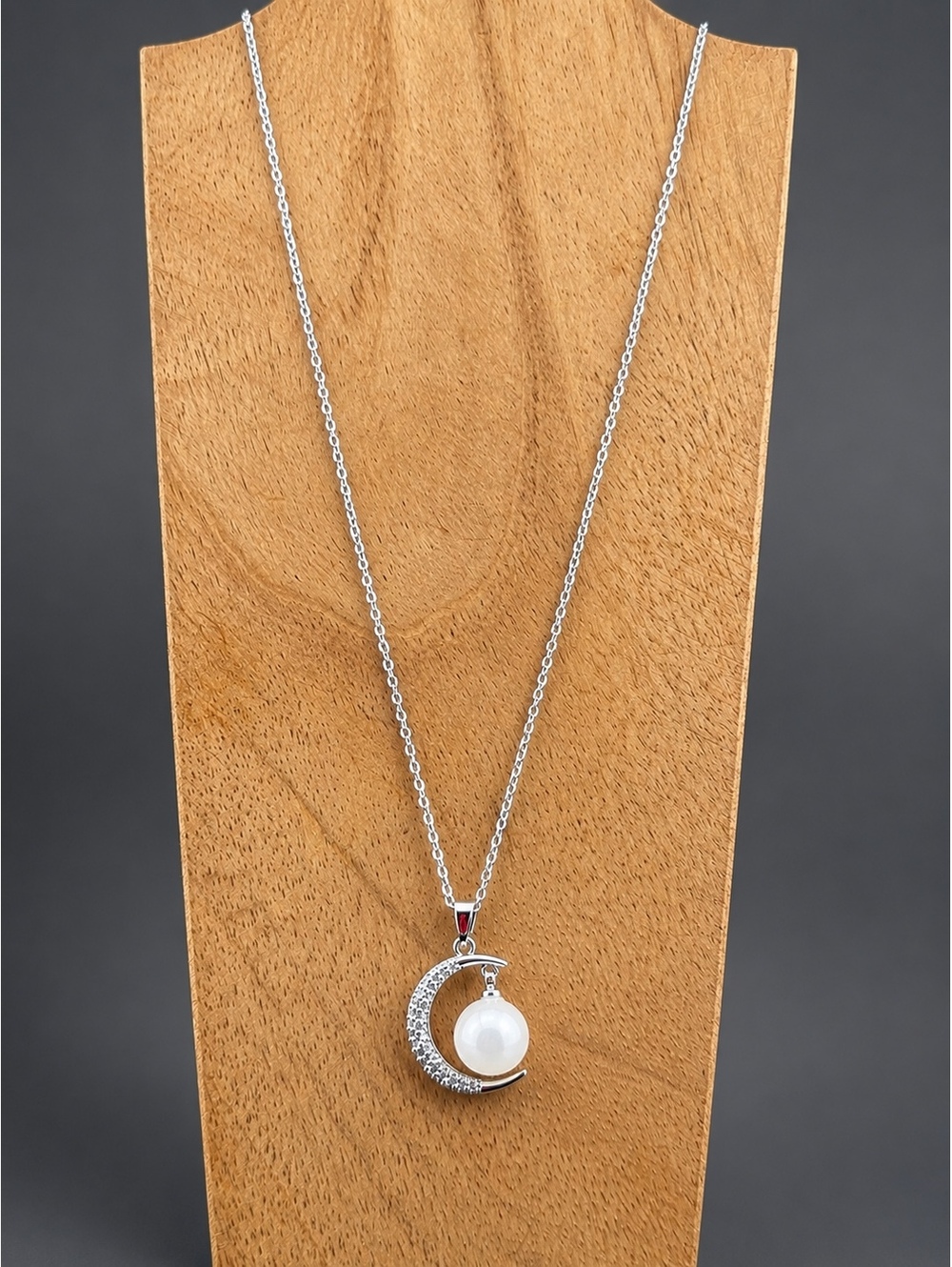 Silver Crescent Moon Pendant Necklace with Pearl Accent